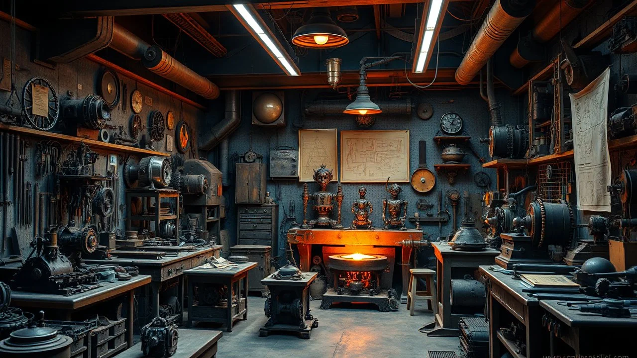 A workshop straight out of a steampunk fantasy, filled with a variety of mechanical automatons in different stages of construction. The walls are lined with tools, gears, and blueprints, and a central forge glows with the heat of molten metal. Award-winning photograph, beautiful composition, exquisite detail and illumination