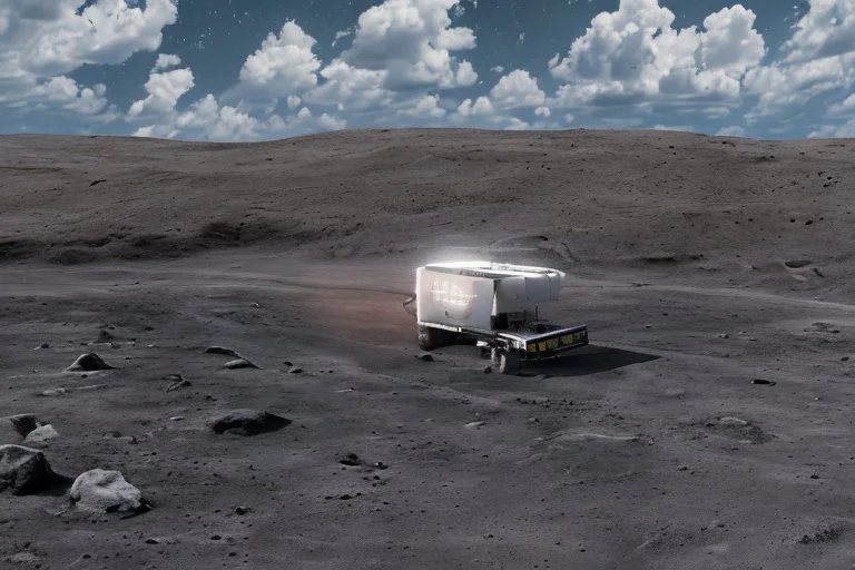 A Tesla 'Semi' (semi truck) is going at a high speed, at the lunar landing site of the 'Apollo 11'. (CINEMATIC, WIDE ANGLE LENS, PHOTO REAL)