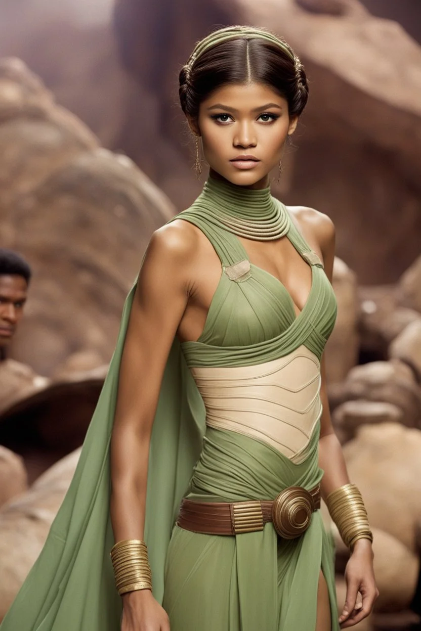 Zendaya in princess Leia's slave costume of the Return of the Jedi, close to Jabba the Hutt.