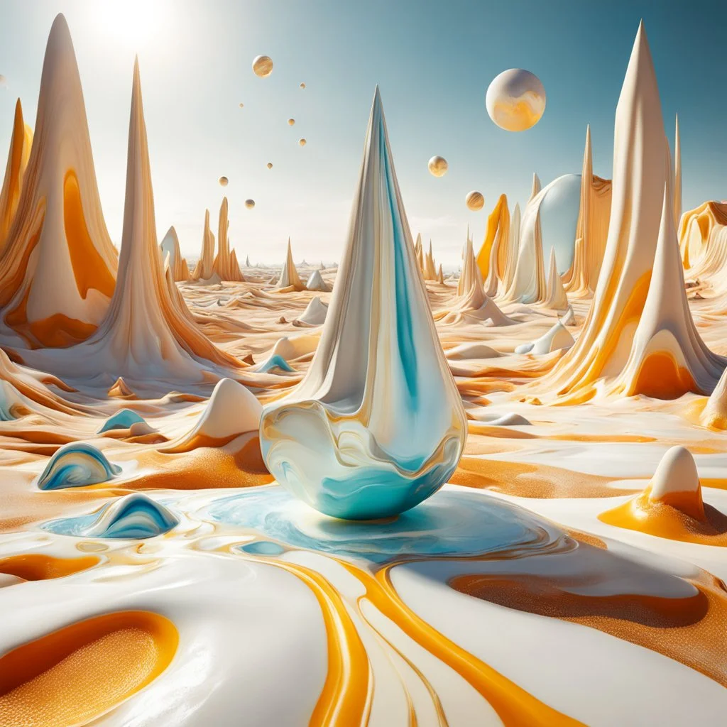 Bright, glittering, 3d, marble-like, surreal objects in a bright environment, desert, noon light, melting cream, Yves Tanguy style