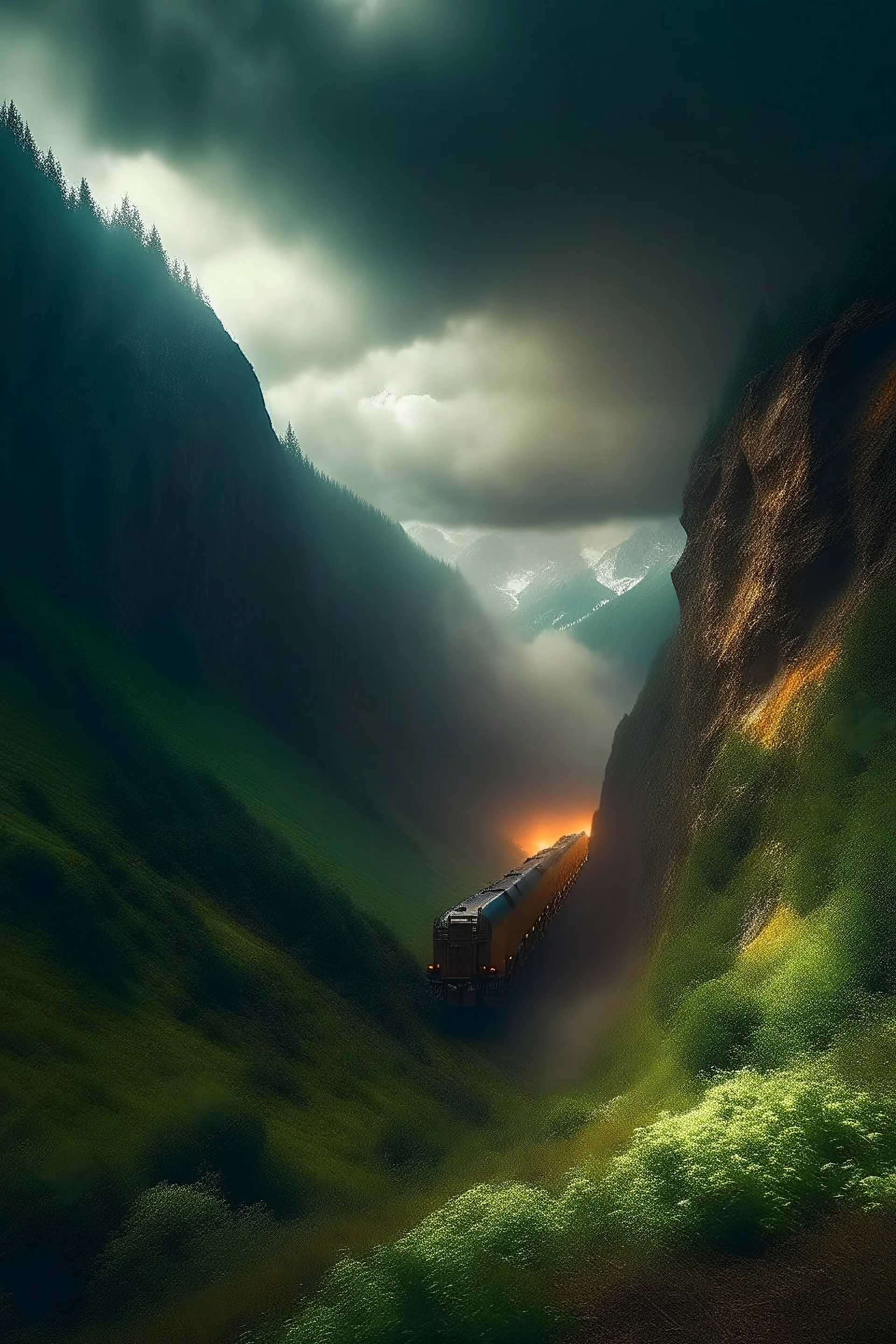 A train truck in stunning mountain landscape, mountain gorge, bright color palette, high detail, perfect by composition, gcinematic shot, intricate details, a cloudy stormy weather in the background