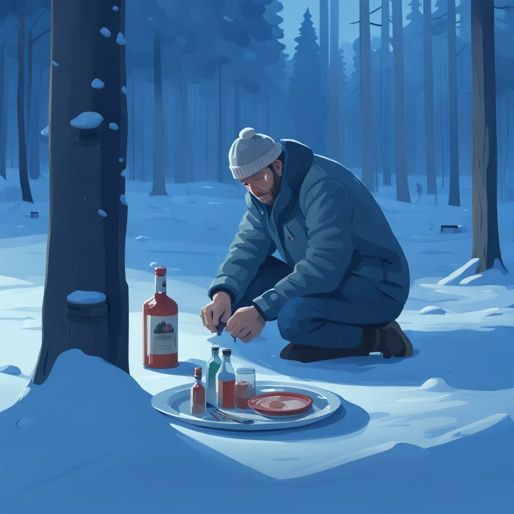 a sad depressed Finnish man with his empty plate, outside his house in the forest, Winter, snow, very cold, Finnish flagpole, Finnish flag, a bottle of Vodka in his hand, knifes and sauna, Simon Stålenhag style, lying empty vodka bottles on ground