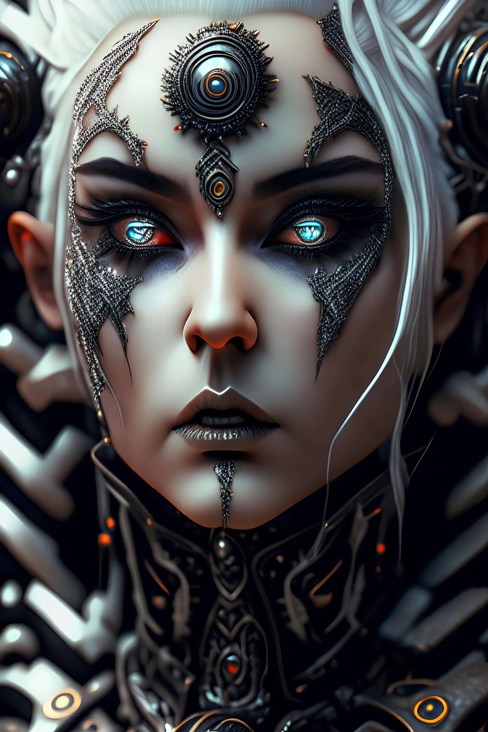 detailed attractive lady full size, insanely detailed and intricate, hypermaximalist, ornate top, white hair, eye makeup, white environment, isometric view, iron robot parts, wire detailed texture, zoom out, blooming, black atmosphere and dark shades, black haze, cinematic lighting , high detail, full quality, beautiful European detailed face, mouth smiling, brown eyes, sharp focus, very complex, generative artist, volumetric lighting, epic composition, octane, 16k, -v 4 -chaos 80