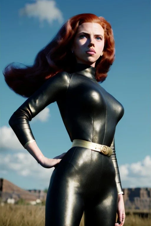 retro portrait image from 1960, sky background, wind, long red hair, fighting stance, sweet young Scarlett Johansson, black dress, classic long tight lycra black suit, gold bracelet and belt, high heel boots, superhero style, soft color, highly detailed, unreal engine 5, ray tracing, RTX, lumen lighting, ultra detail, volumetric lighting, 3d, finely drawn, high definition, high resolution.