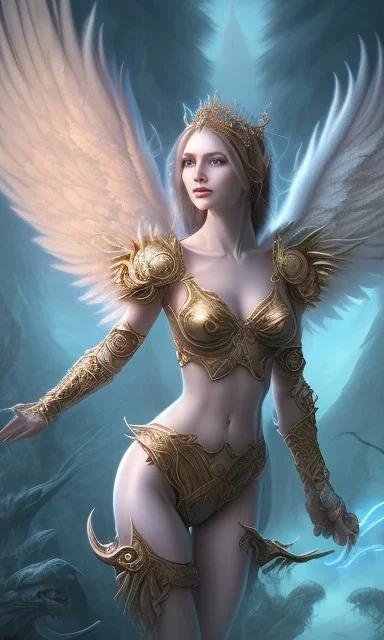 Female angel with beautiful perfect face big wings and golden crown floating above the ground in the dark enviroment, anatomically correct, michelangelo style, detailed, world of warcraft style, dark forest, trees, painting, brush strokes, 8k, dark forest in the background, epic scene, epic painting