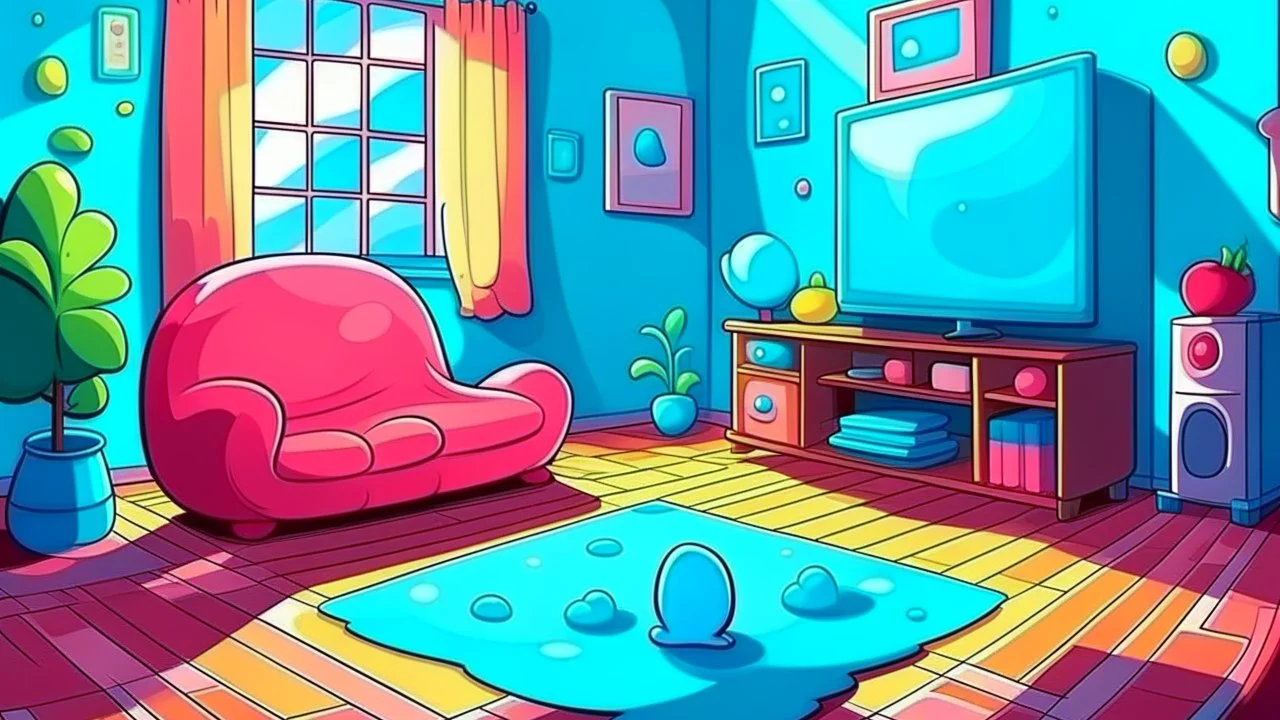 Fantasy cartoon illustration: Living room. On the floor there is a bright blue dot - it's a jelly bean!