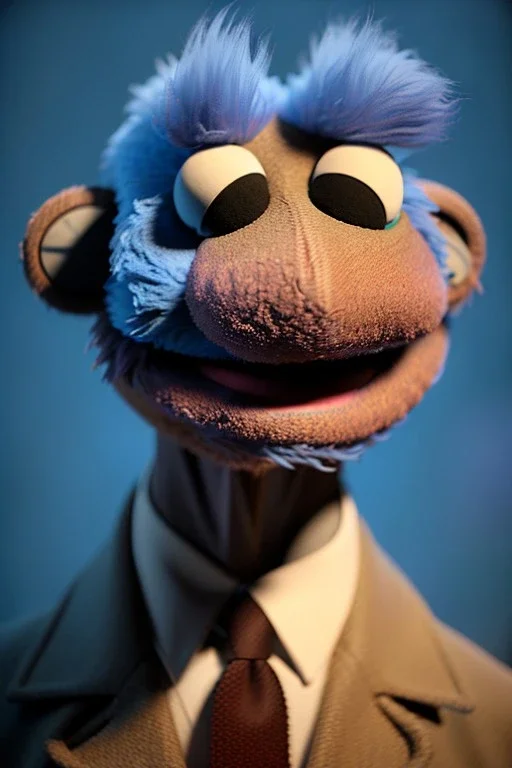 Waist up muppet Portrait, obama as muppet doll, blue suit, brown hair, photo studio, blue background, unreal engine 5, concept art, art station, god lights, ray tracing, RTX, lumen lighting, ultra detail, volumetric lighting, 3d.