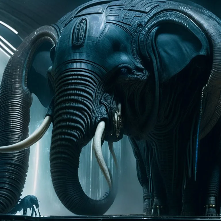 xenomorph elephant hybrid, photorealism, movie screen capture, horror, sci-fi, retrofuturism, based on the movie Alien, horror, terrifying