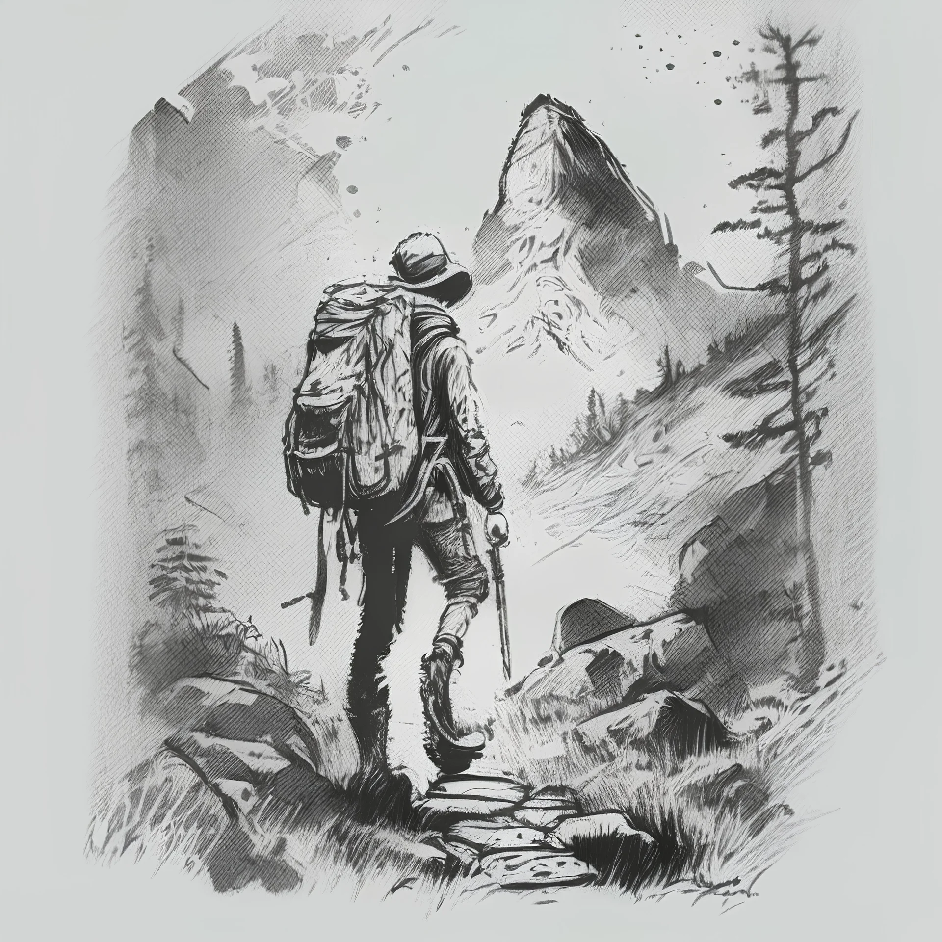 a black and white scribble sketch of hiking and discovery