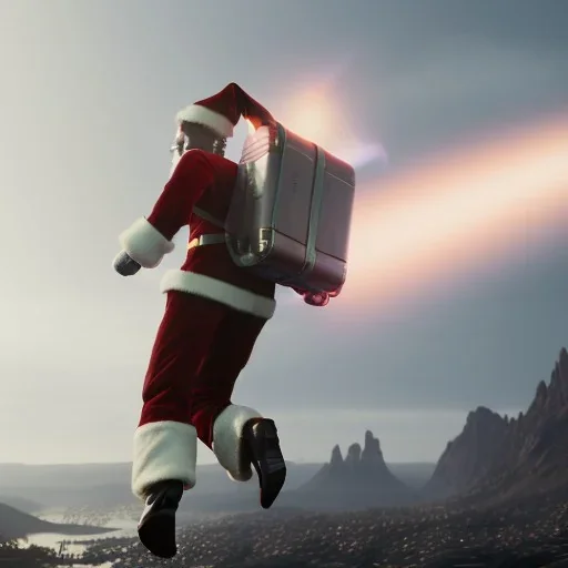 Jet pack, roketle uçan noel baba, octane render, 8k, --ar 1:1