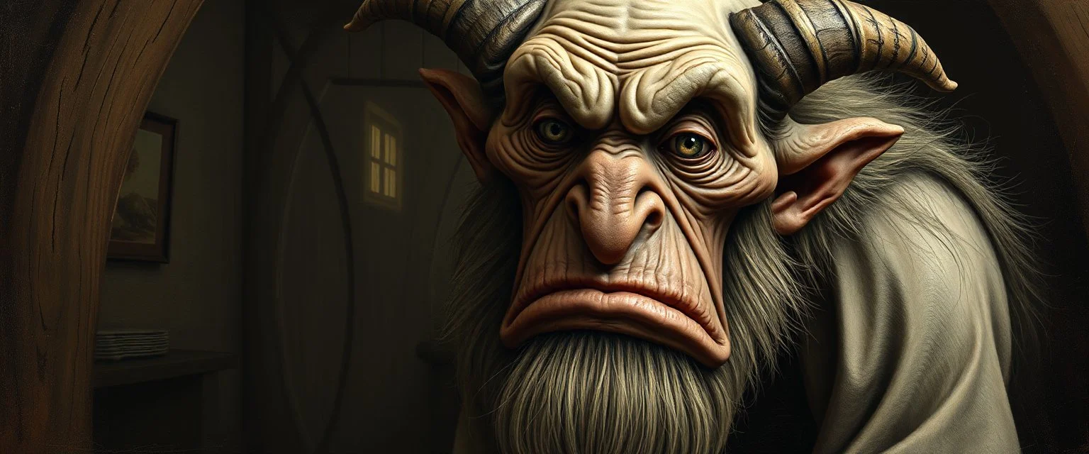 amish sad troll lurks here.., painted by Rembrandt, Escher and Giger