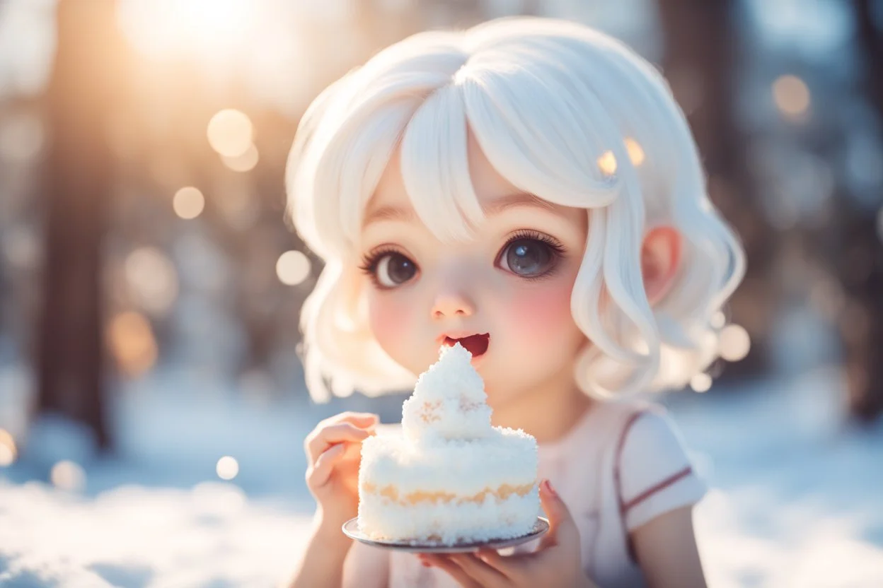 cute chibi girl eating white snowcake in sunshine ethereal, cinematic postprocessing, bokeh, dof