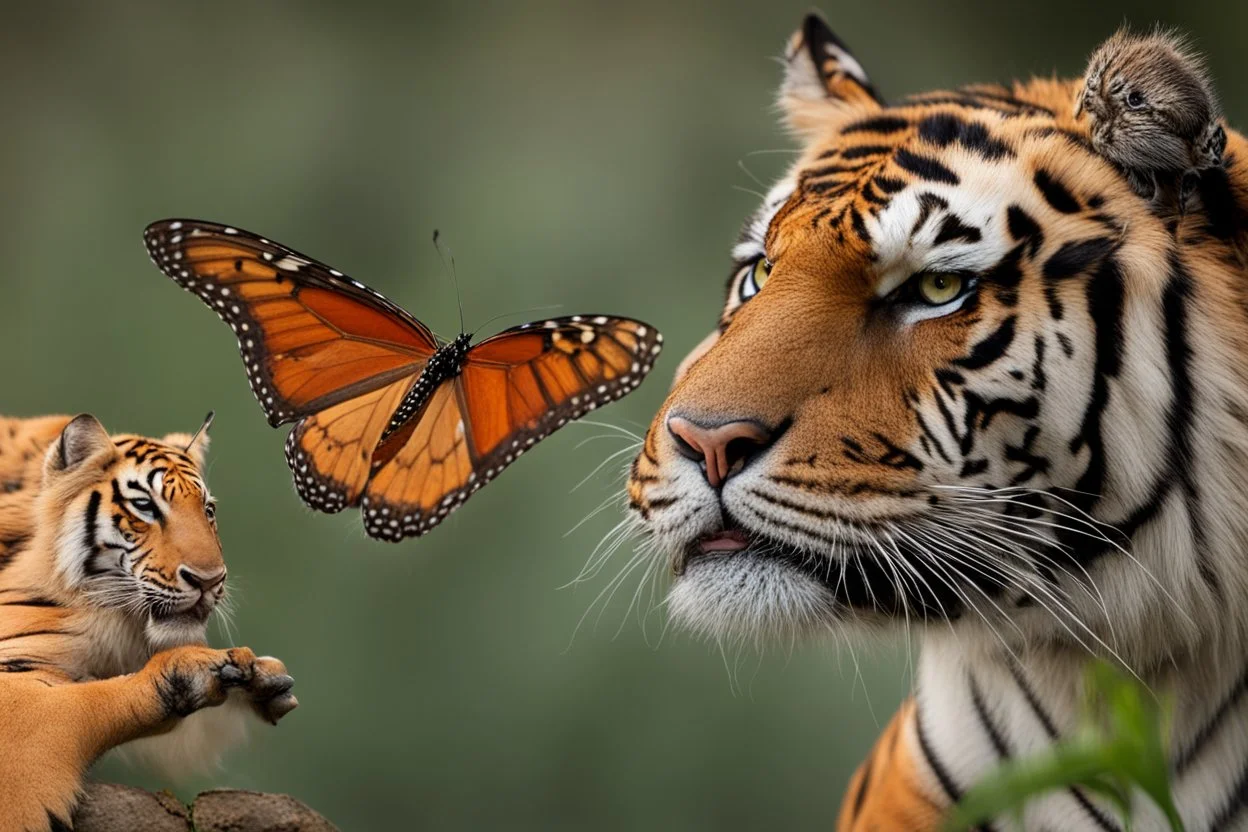 papillon posé sur le nez d'un tigre