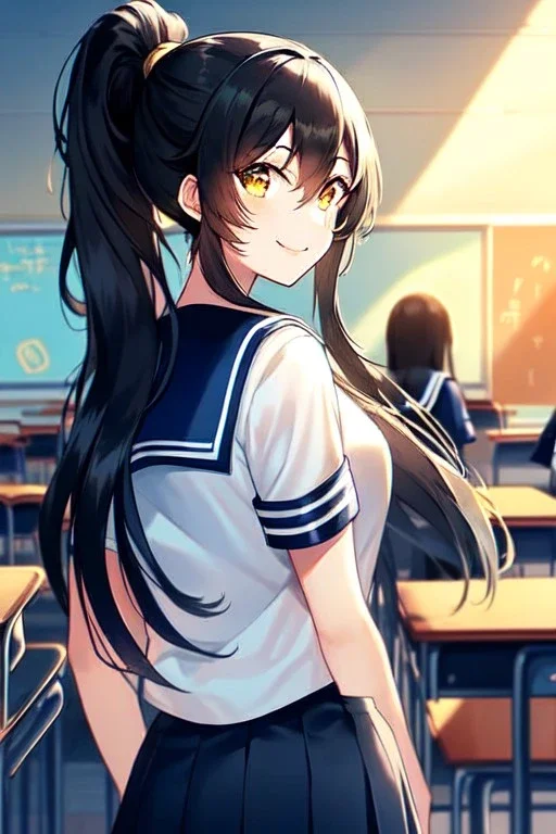 girl, masterpiece, best quality, cinematic lighting, detailed outfit, vibrant colors, perfect eyes, black hair, long hair, vibrant golden eyes, ponytail, messy hair, looking back at you, smile, school outfit, classroom,