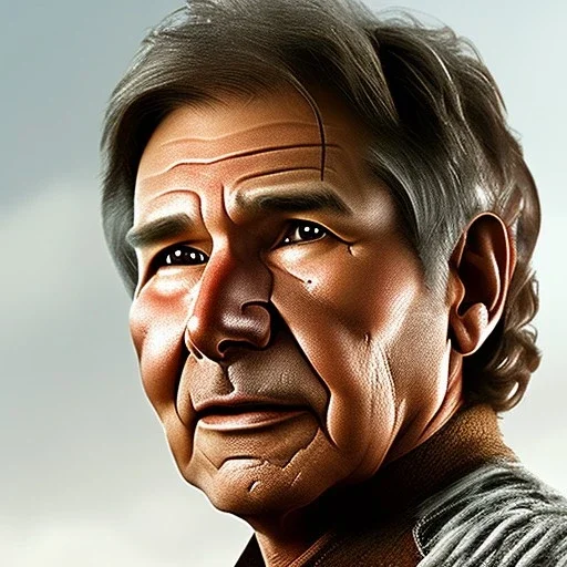 8K space background with stunning photo realistic detailed head to waist portrait of harrison ford as han solo in star wars with photo realistic short hair by Sergi Cadenas, Luigi Lucioni, Sharp focus, brown eyes, weathered skin,space jacket from star wars, cinematic lightning