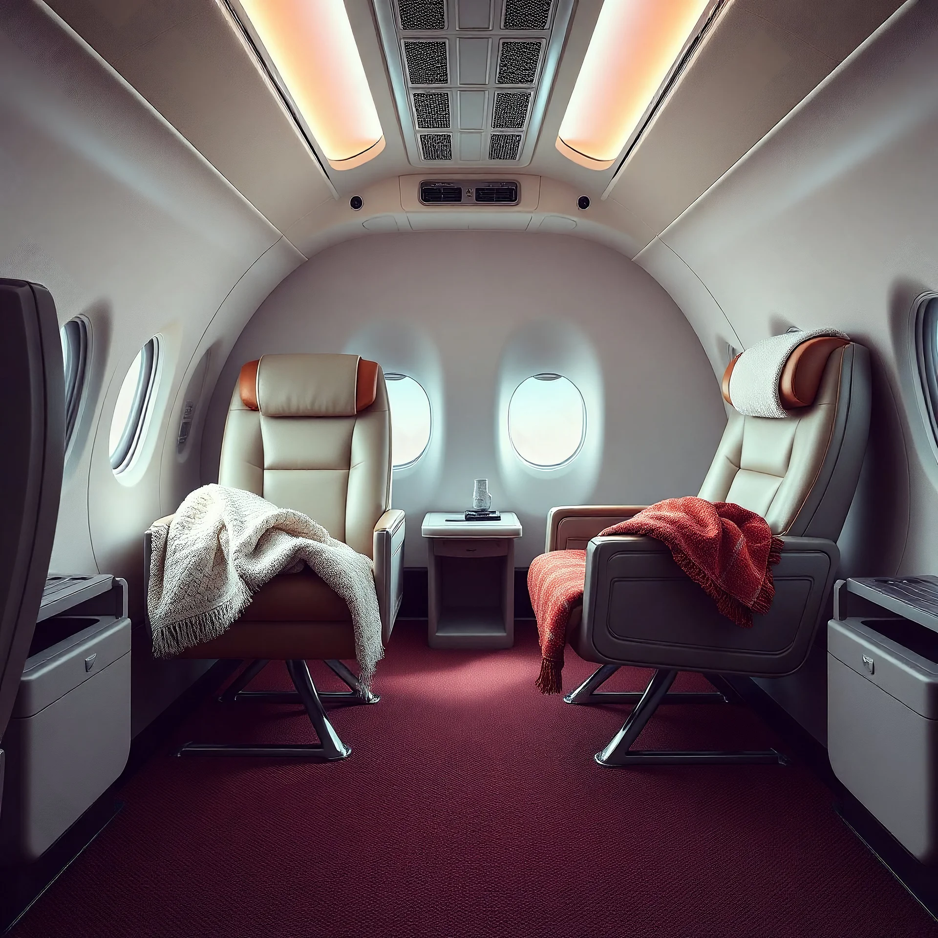 two armchairs in a plane, with blankets, retro futuristic