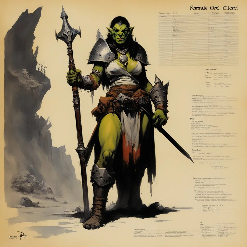 ConceptSheet: female orc cleric with AD&D statistics [by frank frazetta]