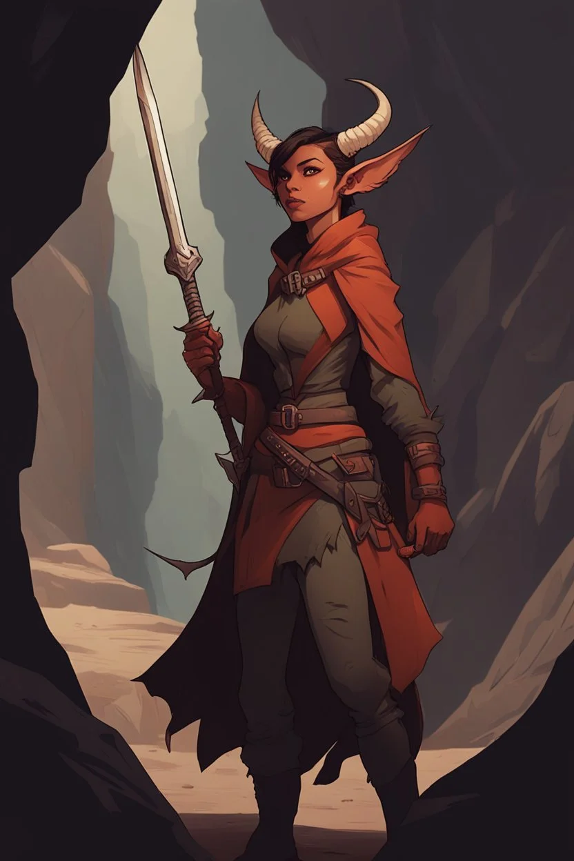 A DnD character. A female horned Tiefling ranger with pointy ears standing in a cave. The Tiefling has a little pterosaurs on her shoulder and a rapier in her hand.