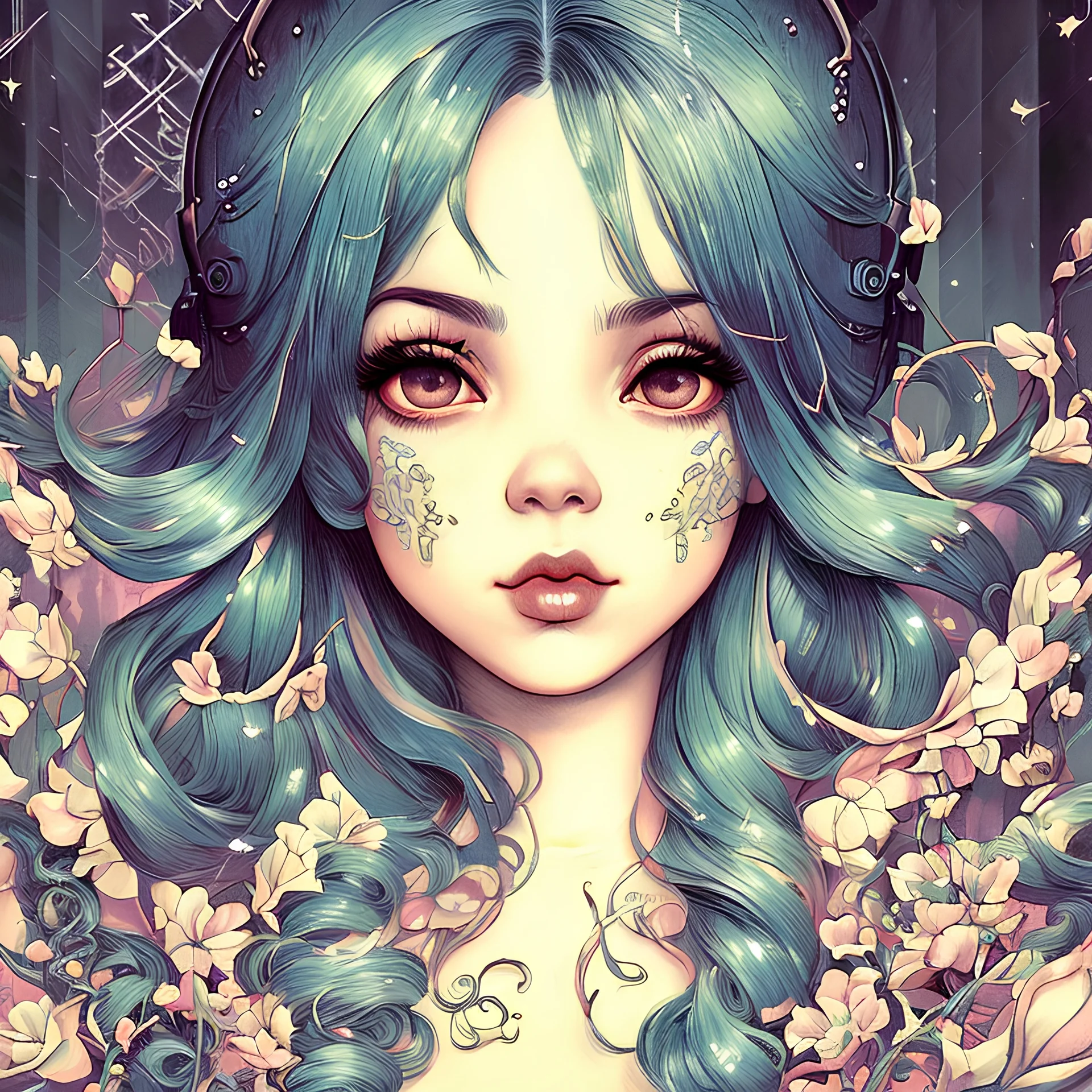 singer Melanie Martinez face, beautiful cyberpunk, hyperdetailed, illustration by Katsushika Hokusai, darkblue tones,