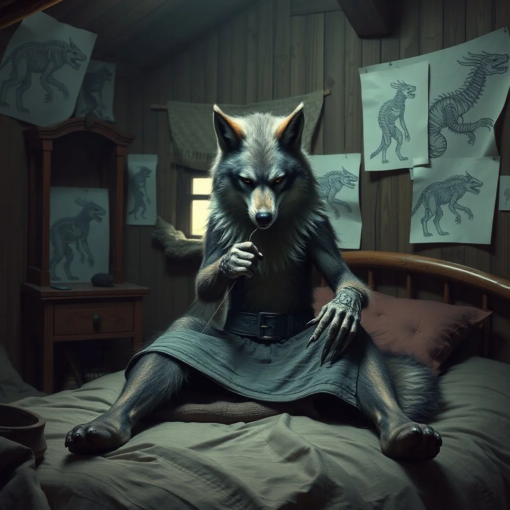 full wolf furry on her body an anthropomorphic wolf woman hybrid sitting in the middle of a bed with a sewing needle and thread in her paw sewing a wide material belt, around her in the background are some paper with sketchy line kind drawings from monster on the walls of the wooden house, high realistic, detailed, cinematic, sci-fi, digital art, dark fantasy mood