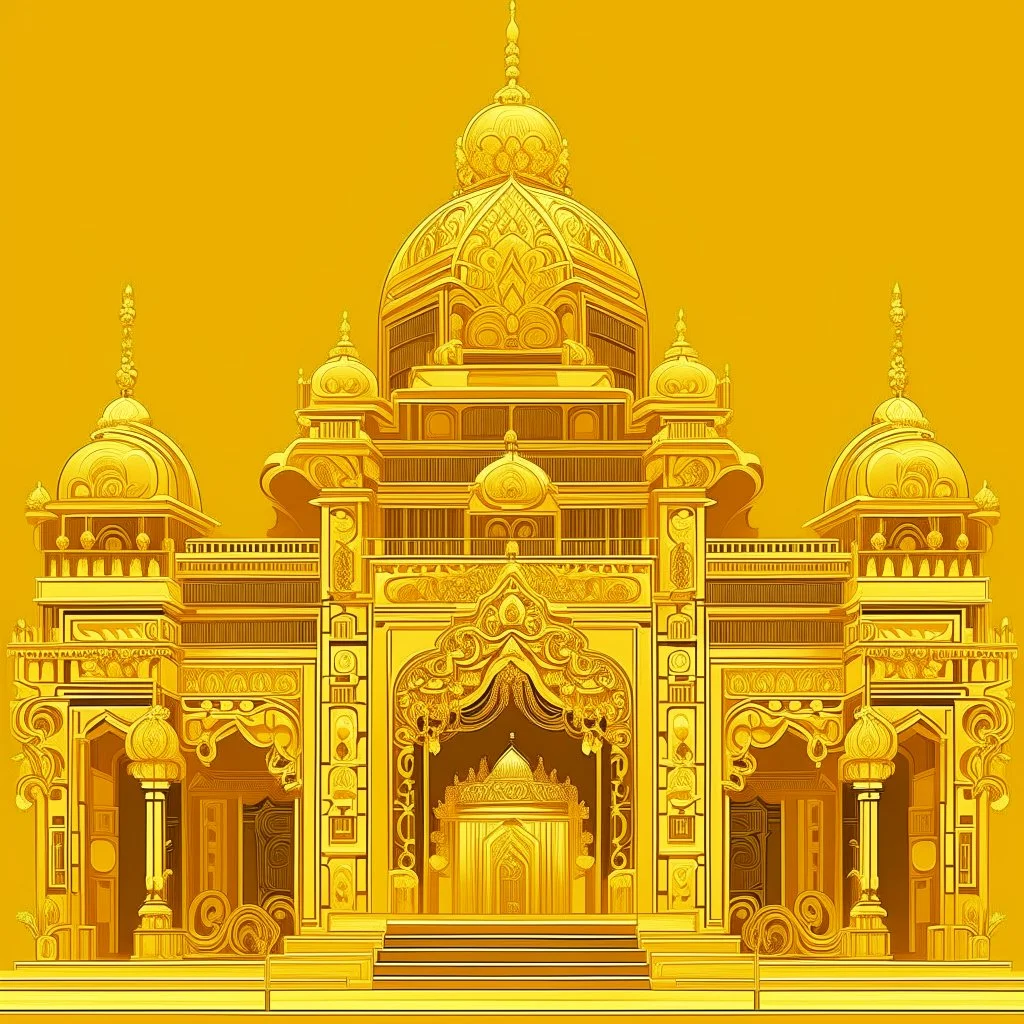 A golden yellow temple filled with gold and jewels in art deco art style
