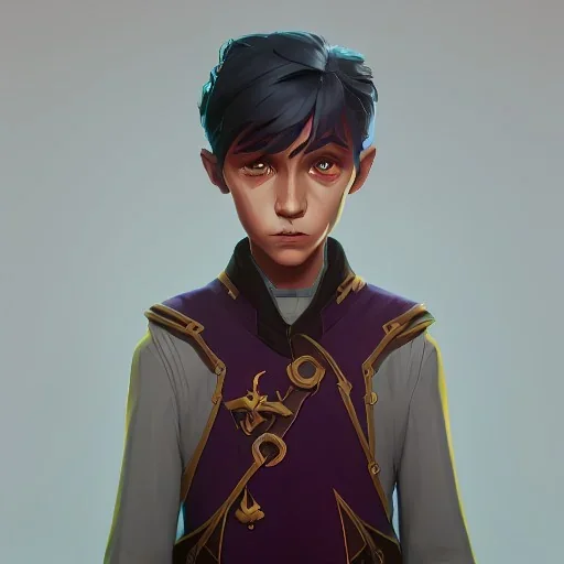 Portrait of a 9 year old warlock boy with charming eyes Nick Harris style