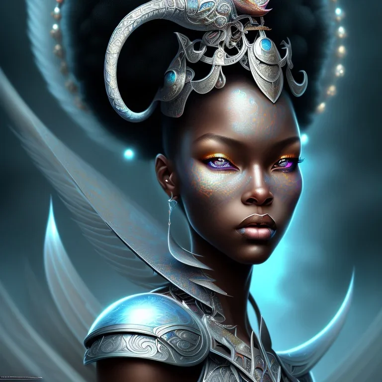 sango fantasy, fantasy magic, intricate, sharp focus, illustration, highly detailed, digital painting, concept art, matte, masterpiece head sexy view black African beauty black afro hair earth lady silver falcon princess