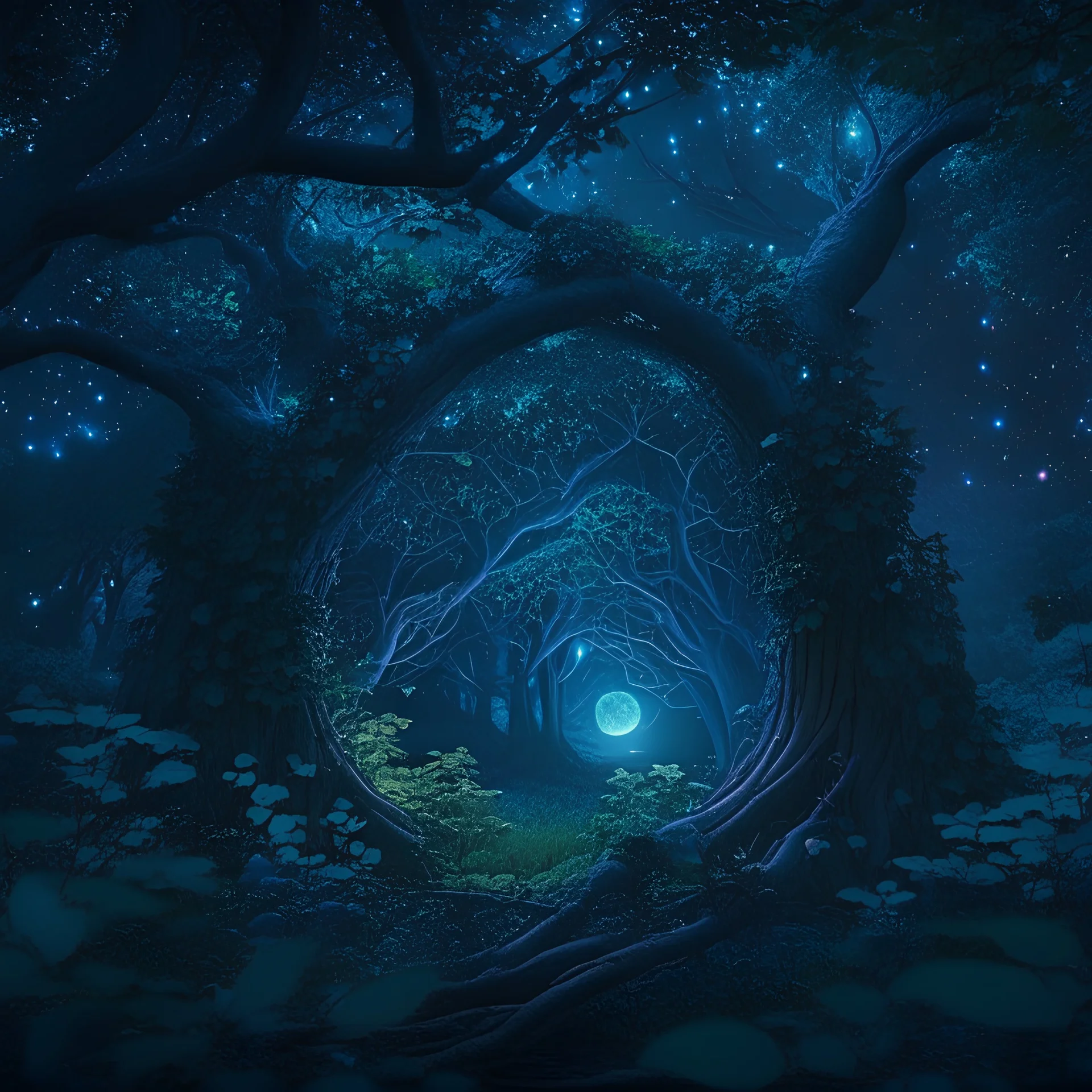 high quality, 8K Ultra HD, Picture an enchanting scene where a mystical forest meets a celestial observatory, The trees are adorned with bioluminescent leaves that illuminate the night, creating a magical atmosphere. Ethereal creatures, inspired by mythology, dance among the branches, and in the center of the clearing stands an ancient telescope that peers into the cosmos, The color palette would blend the deep, mystical greens of the forest with the cosmic blues and purples of the night sky, De