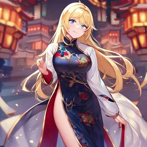 Clear focus,High resolution, Blonde hair, and blue eyes, kawaii style, wearing a Chinese Traditional dress