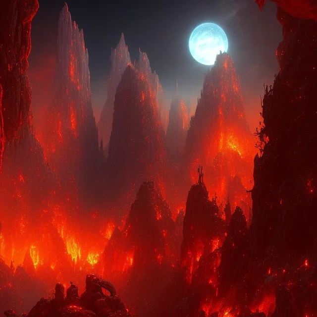 dynamic lighting, Intricately detailed, deep color, Unreal Engine, volumetric lighting, Hell landscape, Hell concept art, Hell fantasy artwork, Mountains, nightsky, orange, red, nebulae,