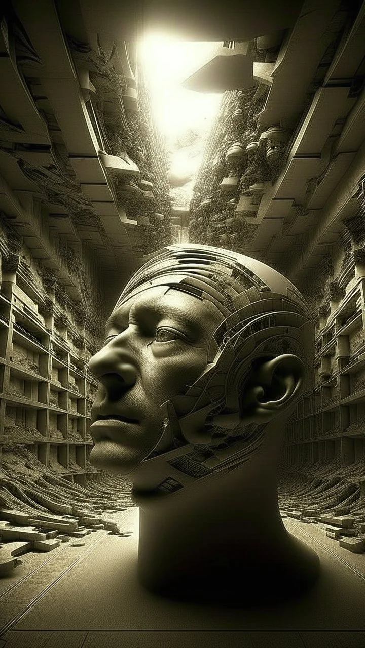 /image, randomised, depicting illusion, the Impossible, nonsense, the immaterial, intangible, and futuristic. Be wildly random in producing totally new ideas and images. Show me the deep scars inflicted on my soul and mind. Epic, cinematic.