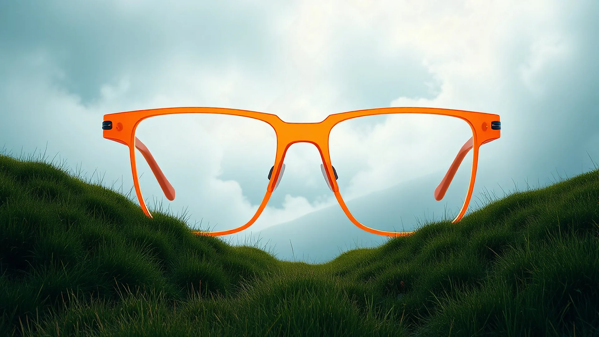 generate an image of large , square, orange glasses, in 3d style, standing in a hilly, green landscape with grass, and a morning mist. Its breathtaking. in the clouds. Use orange and dark blue as colors