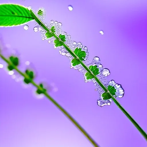 There are many green pointed tender leaves on the flower branches, many crystal clear lavender flowers, and translucent petals curled around its wet flower center. There are crystal dew on the flowers. The hazy gray blue background is clear, and several transparent snowflakes are falling,HD --ar 9:16