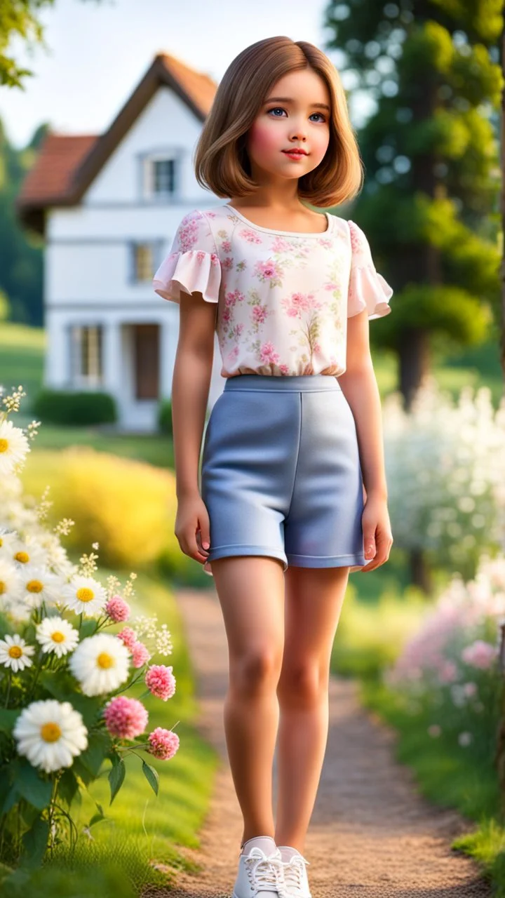 a 5 percent carton like 4 years old girl with realistic face and bob hair and makeup in pretty top and short tight and nice shoes,looking like a beautifull lady standing in country side next to country house with flowers,trees.