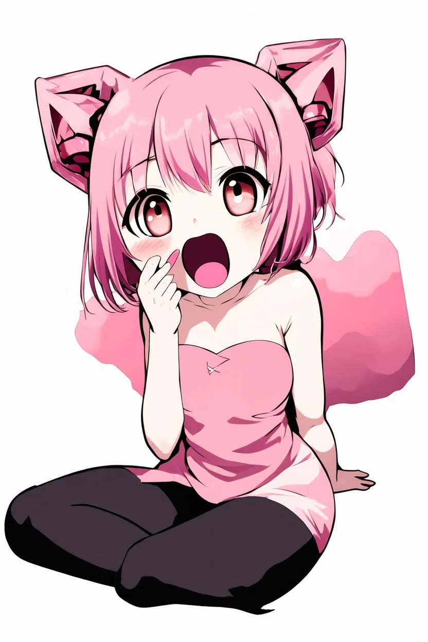 a cute poster of a Anime young monster girl, sit pose, fullbody, pink tones, rolling eyes, open mouth, finger lying on nose, veiny on eyes, fingers cute lying on nose crack, Mejiri Pose, tongue out, mouth open,