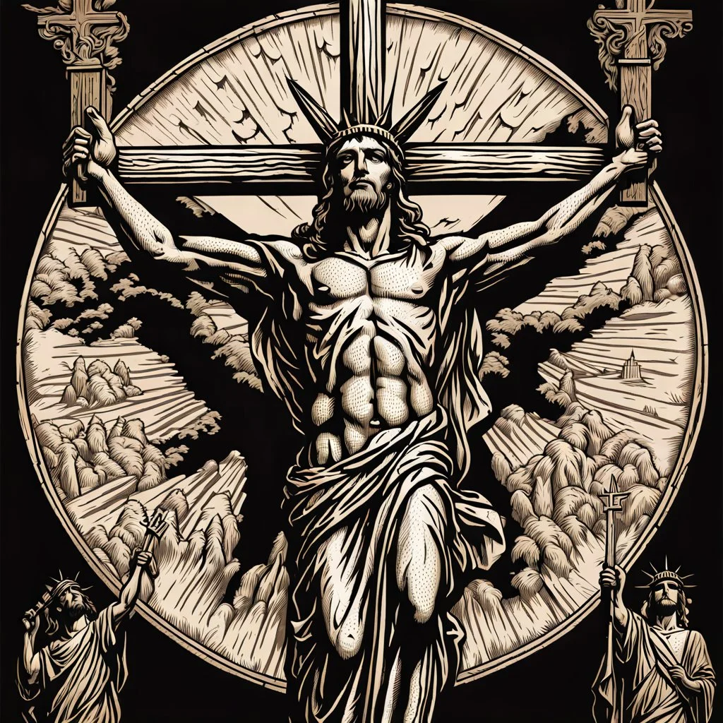 crucified on the cross christ liberty hybrid tone, woodcut, engraved, wall street journal style, statue of cruicified Jesus of Liberty with a beard and wearing a cross and hanging from a cross, The statue male, hyperdetailed intricately detailed photoillustration ink drawing dystopian 8k resolution entire body of the statue is in the picture. digital illustration telephoto lens photography , same colors as the us treasury's one dollar bill, crucified"