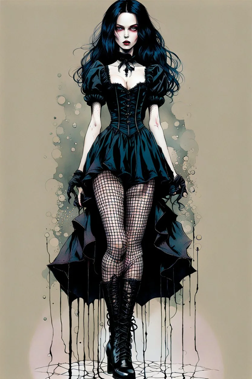 Create and fine print full body illustration of a Goth Girl ball jointed porcelain doll, with finely lined and detailed facial features in a ragged gothic dress, fishnet stockings ,battered combat boots, , in the graphic novel style of Bill Sienkiewicz, and Jean Giraud Moebius, precisely drawn, colored and inked