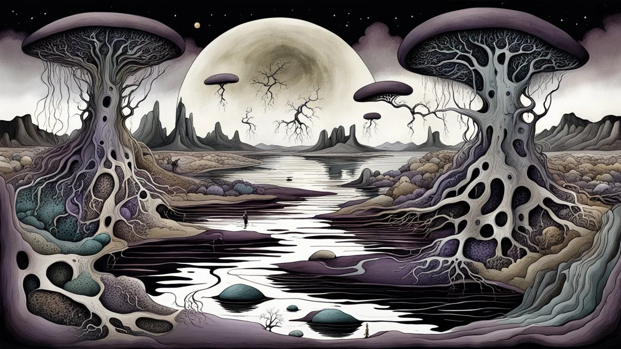 painted inner world with uncontrolled mind and neurodivergens soul, floating islands and rocks over surreal cracked weird empty landscape . deep dark purple, gray, black, white, brown, malachit, cream color. Whimsical strange style of chagl, of Quentin Blake. No people in picture, weird absurd beauty nightmare, black rawen, in background fade neuron network-web, surreal vibe,