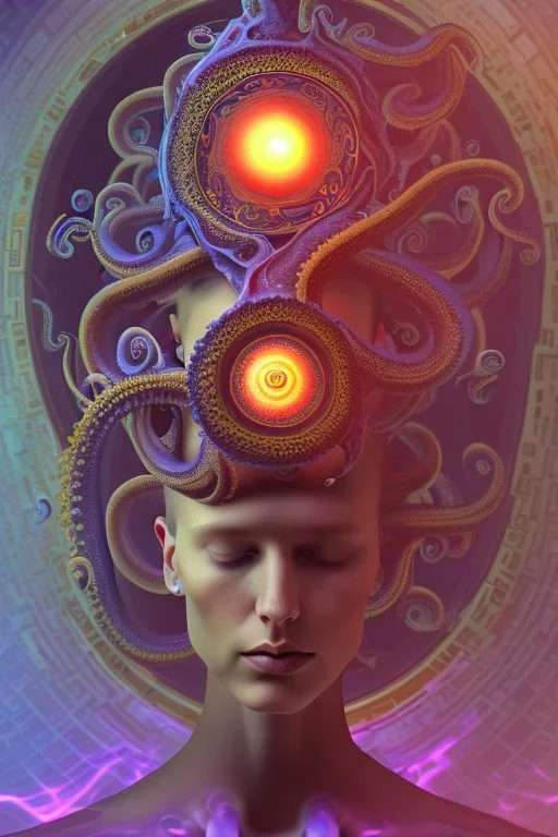 Spiritual being with Tentacles over human Head creating reality around, wrapping Spiral around Human, Psychedelic