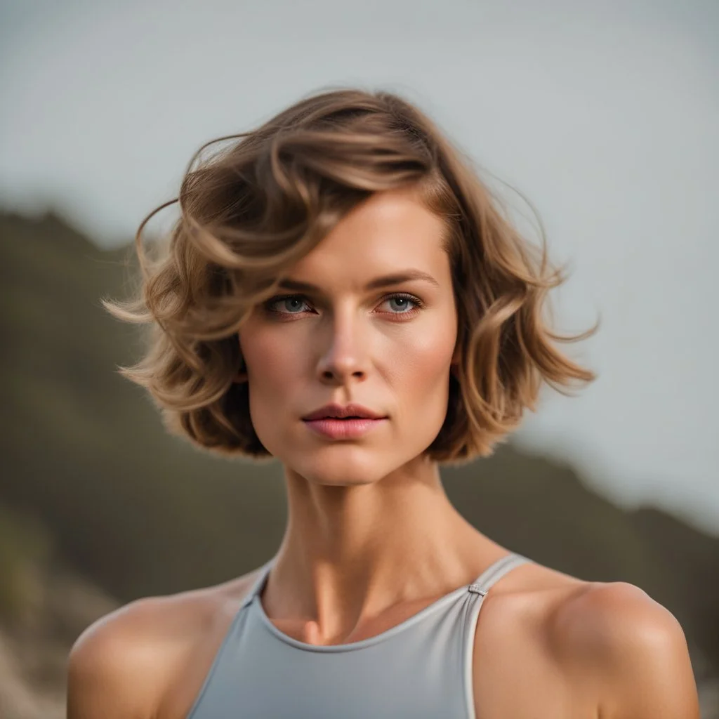 beautiful woman, standing frontal, short silver triathlon swimsuit, wavy bob haircut, photographed in front of beach, raw