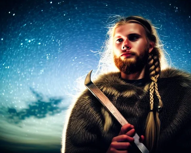 a sad and lonely viking looking up at the stars at night, hyper realistic, 8k, insane detail, atmospheric background, crying eyes, big fur coat, long braided hair, sharp focus, soft background, dynamic lighting, viking helmet, night time