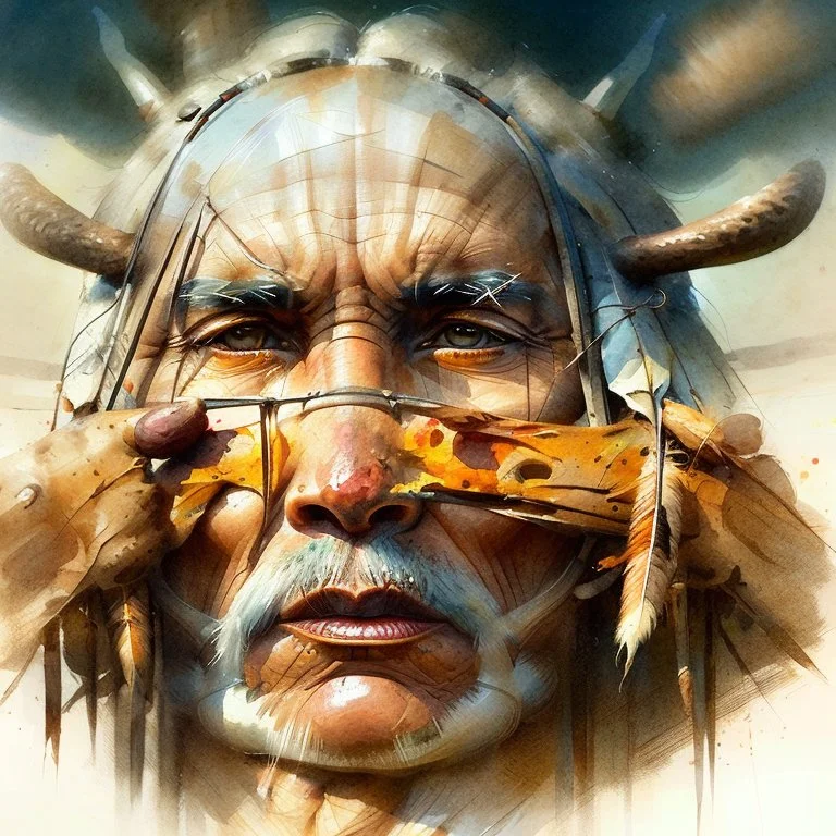 The old Cherokee man of the Great Plains, double exposure Cherokee mans face formed by a Teepee in a grass plains with Buffalo, watercolor by Jean-Baptiste Monge and Yossi Kotler, Modifiers: sharp focus extremely detailed intricate oil on canvas portrait hyperrealistic high definition crisp quality