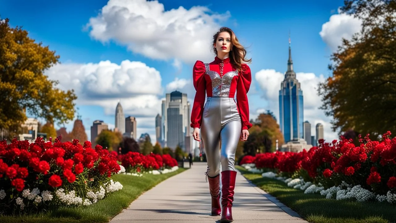 fullbody close up of 1 girl makeup wearing a dark red-silver victorian top and pants and pretty boots walking in moder city of 2040 park ,flowers ,pretty clouds in blue sky,city escape.