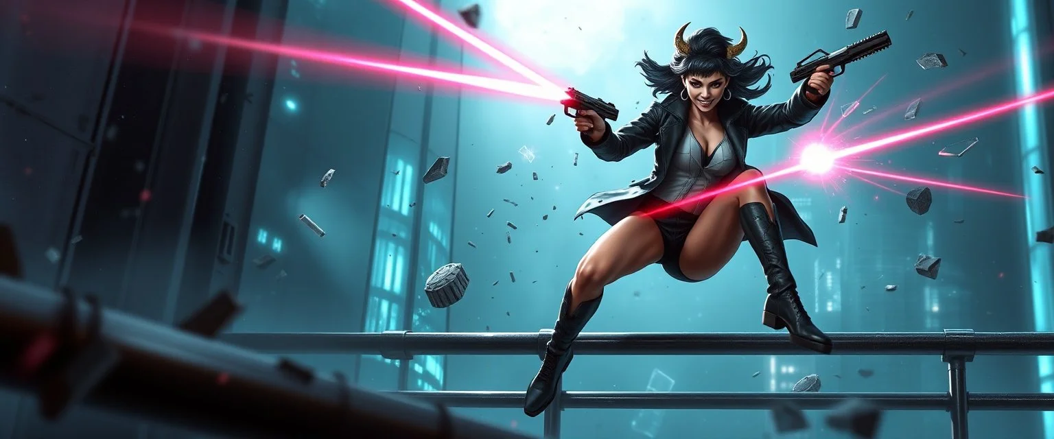 airbrush 3d rendering, mafia cyberpunk stylish lady dr smick Vex is now officially in stasis. No experiments. No clones. No accidental galaxy-ending breakthroughs. sci fi guns and rays, shattering glass background, flying debris, wicked smile, jumping guard rail pose