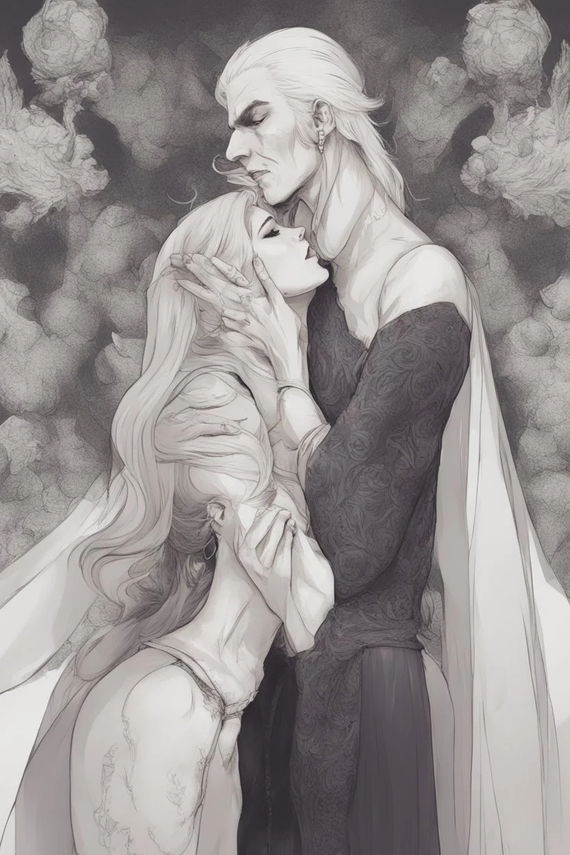 Strahd Von Zarovich being kissed by a beautiful woman with white hair, wearing an off the shoulder dress. Settling and background are a lavish toomb with an ebony coffin.