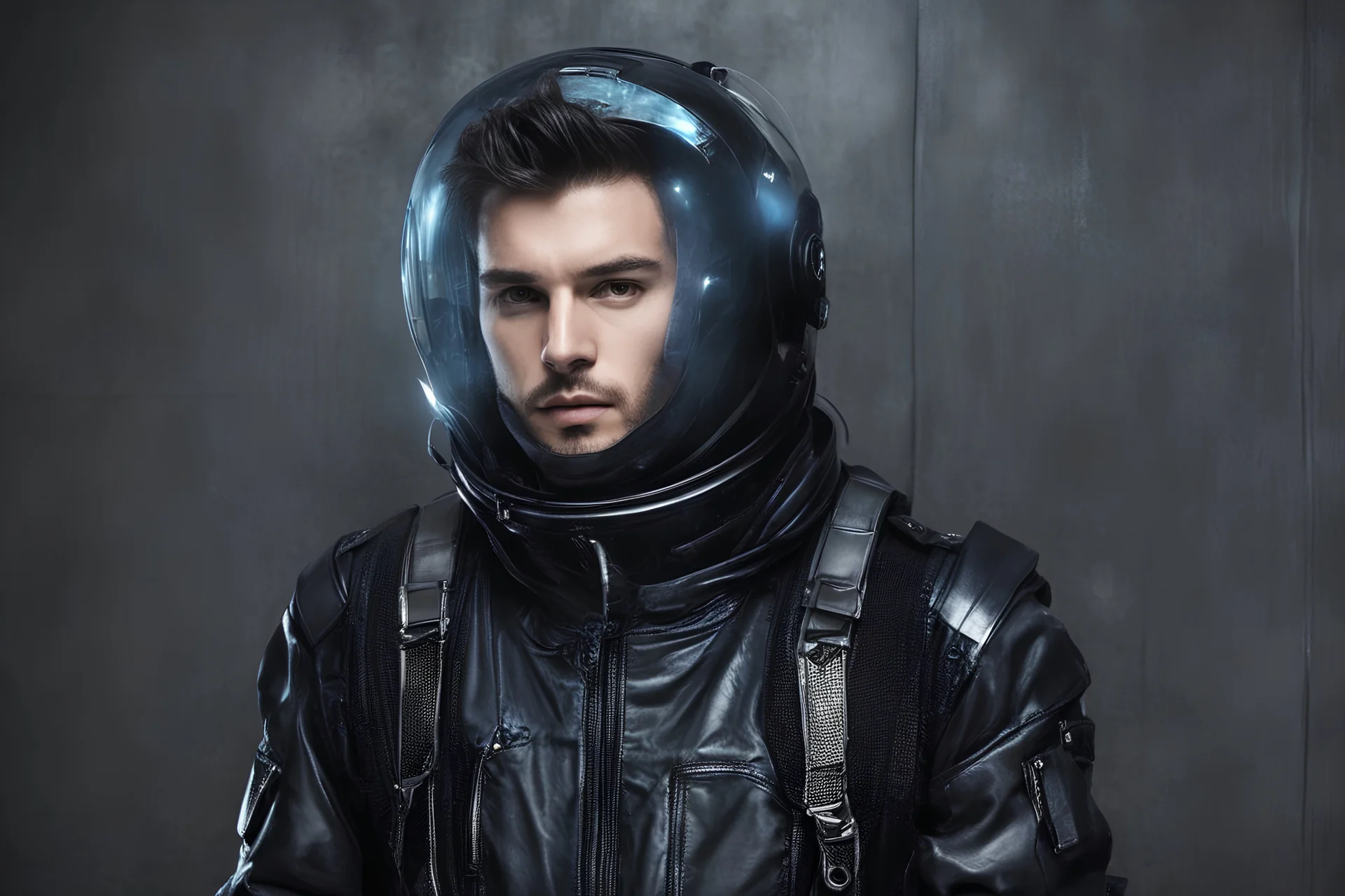 man wearing futuristic spaceman overall, looking at camera, cyber punk, middle shot, black steel wall at background, by Saturno Butto, dark blue tones