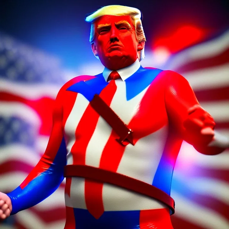 Realistic image of Donald trump super hero, retro style, watchmen style, red white blue colors, white stars, suspenders, latex material, 80s, vibrant color, highly detailed, sky background, concept art, unreal engine 5, god rays, ray tracing, RTX, lumen lighting, ultra detail, volumetric lighting, 3d, finely drawn, high definition, high resolution.