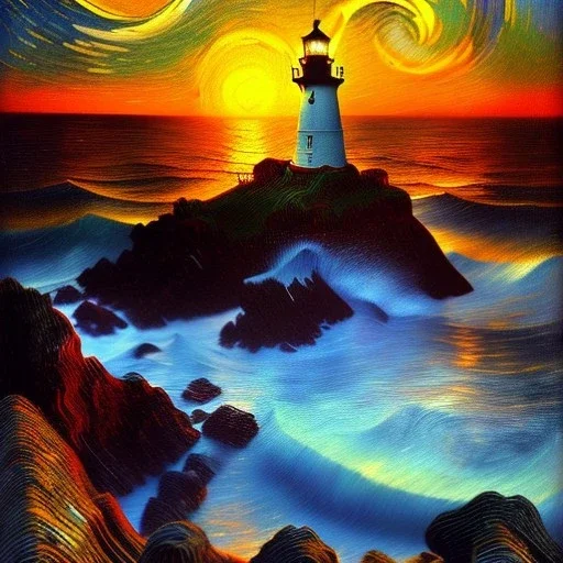 Fantasy, light house, Rocks, lighting, surreal, waves crashing below on the Rocks , 8k, sunset, sketch by Van Gogh in oil