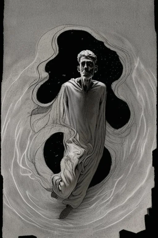 Sihlouette of a man drifting in the void uncontrollably in the state of bardo after death, completely lost and scared.