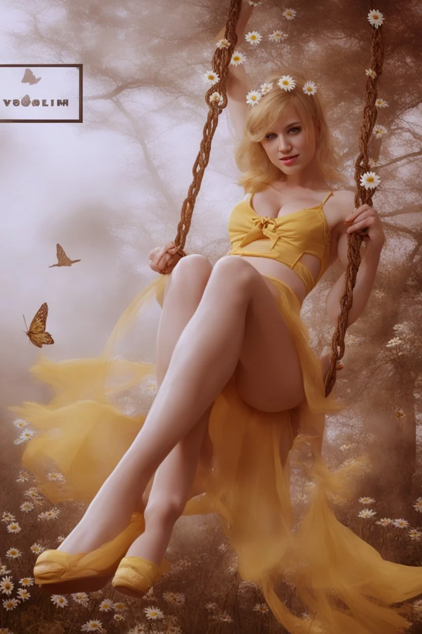 A blonde fairy in a short yellow dress playing on a swing, many daisies in the background of the image, fit body